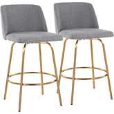 Toriano 26" Swivel Counter Stool in Grey Fabric & Gold w/ Round Footrest (Set of 2)